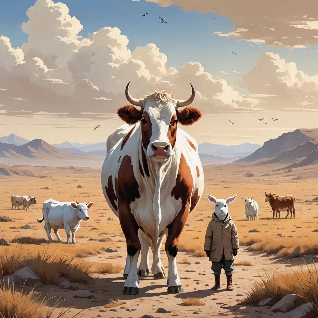 a painting of a man and a cow in a desert landscape with mountains in the background and birds flying overhead, fantastic realism, poster art, Chris LaBrooy, comic cover art