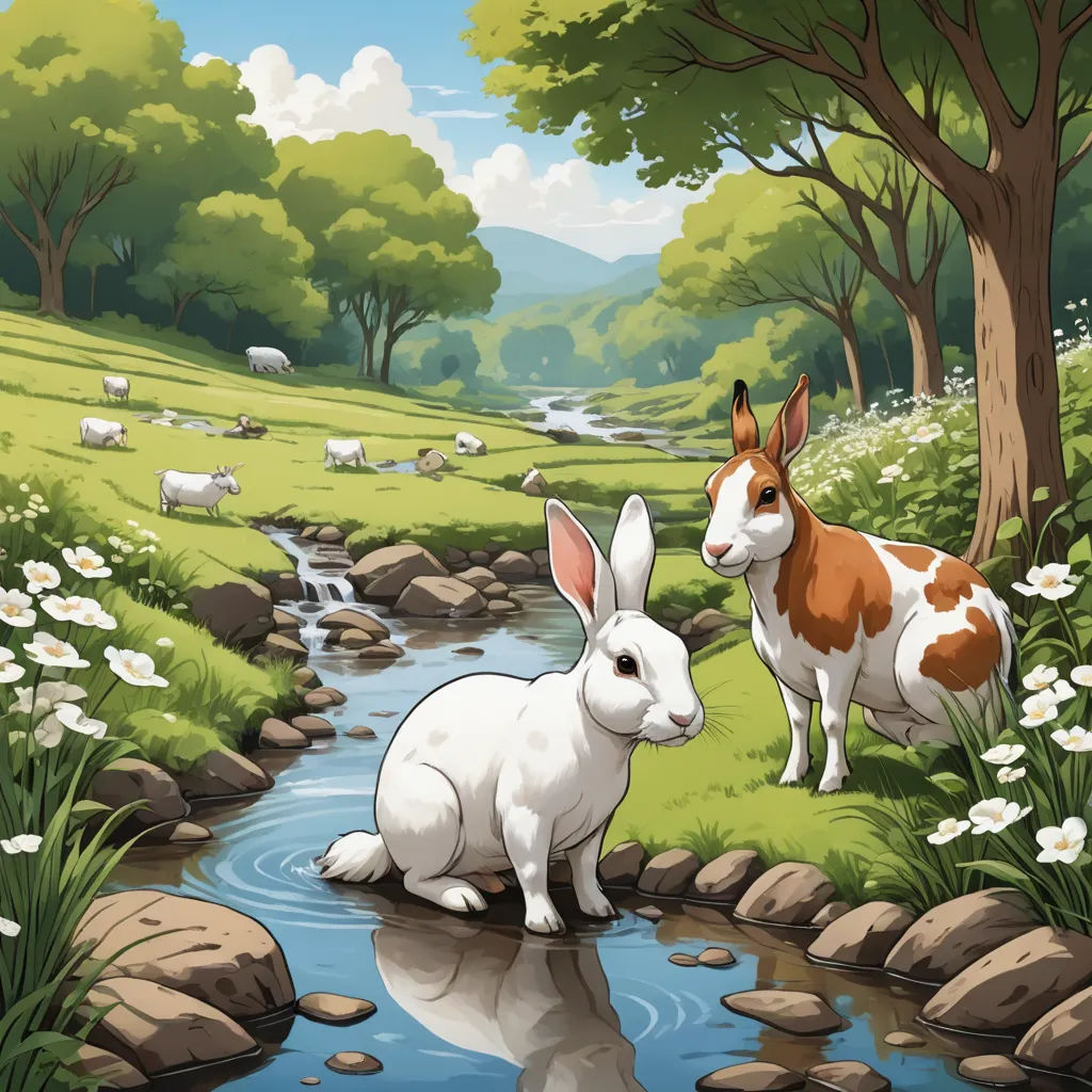 a couple of animals that are standing in the grass near a river and some rocks and trees with white flowers, environmental art, a storybook illustration, Chris LaBrooy, storybook illustration