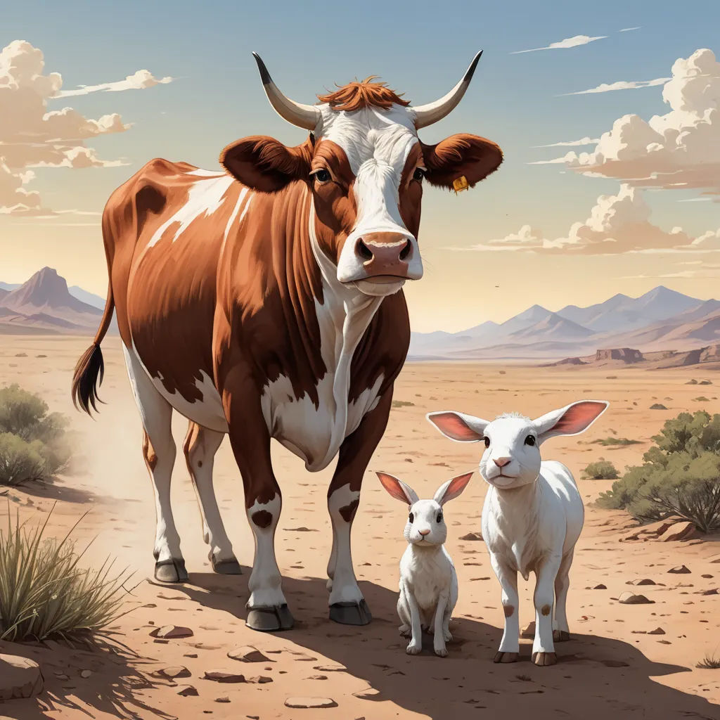 a cow and two baby cows standing in the desert with mountains in the background and clouds in the sky, american scene painting, a storybook illustration, Brothers Hildebrandt, promotional image