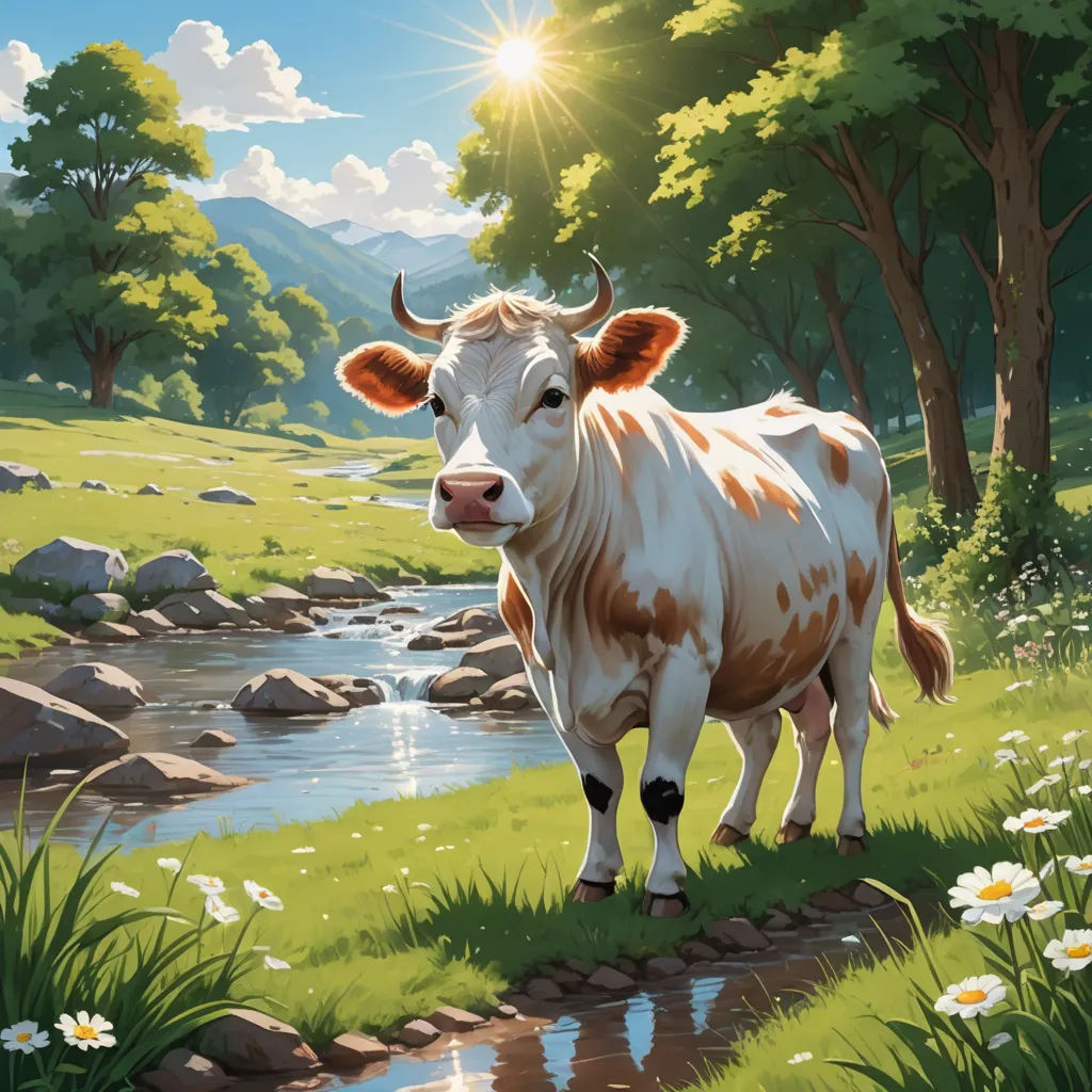 a cow standing in a field next to a river and trees with a sun shining on it's face, environmental art, a storybook illustration, Chris LaBrooy, official art