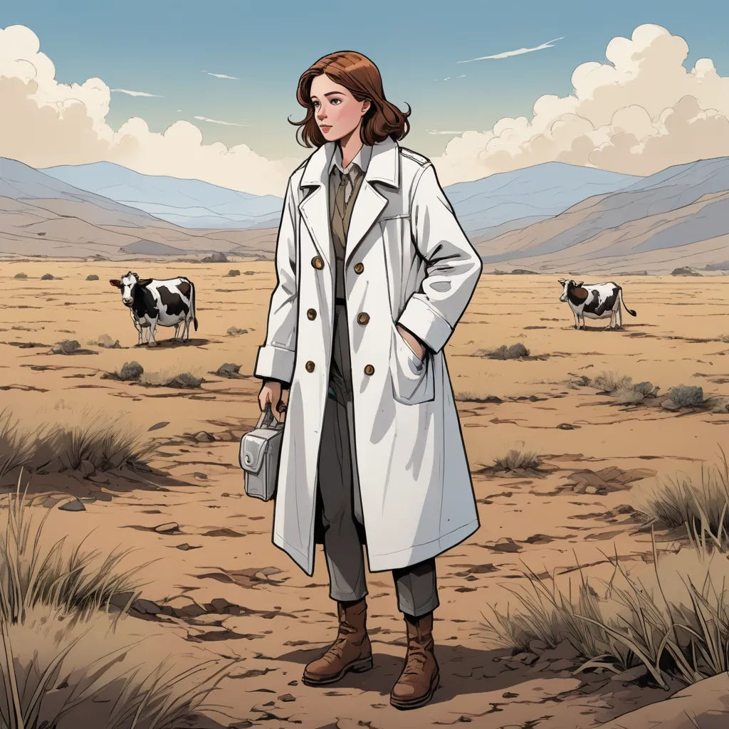 a woman in a trench coat standing in a desert with cows in the background on a sunny day with clouds, serial art, a character portrait, Clarice Beckett, comic cover art