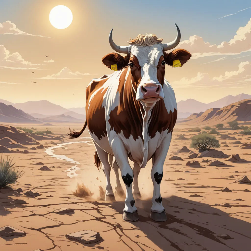 a painting of a cow in the desert with a sun in the background and a sky with clouds and a few clouds, environmental art, an airbrush painting, Chris LaBrooy, western comic book art