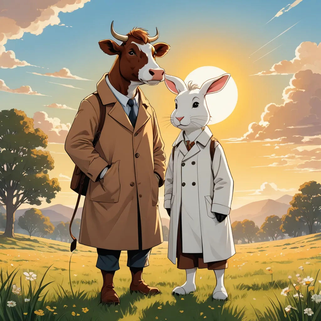 a cow and a man standing in a field with a dog in the background, with a sky background, purism, poster art, Colin Middleton, official art