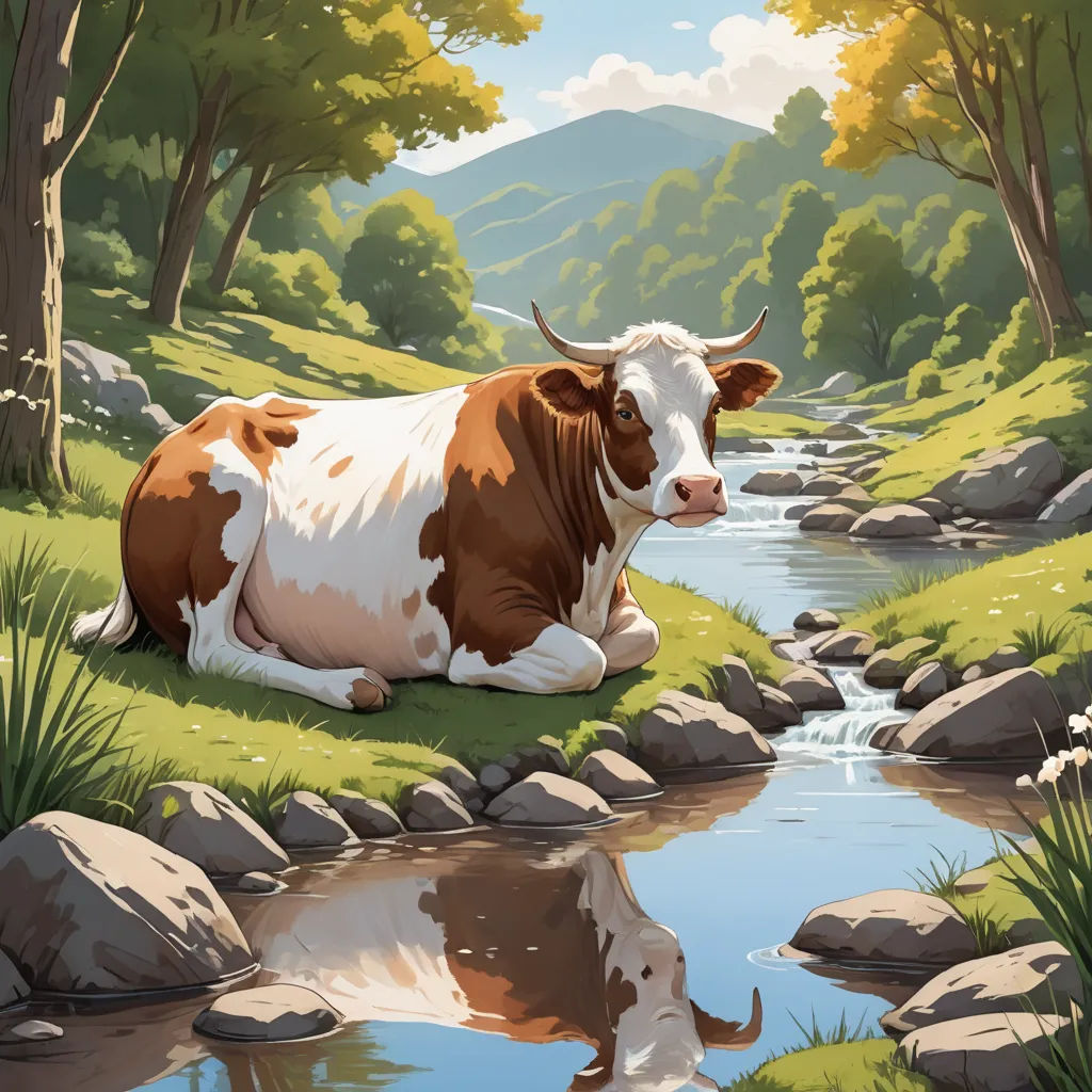 a cow is sitting on the grass near a stream of water and rocks, with a mountain in the background, environmental art, a storybook illustration, Chris LaBrooy, behance hd