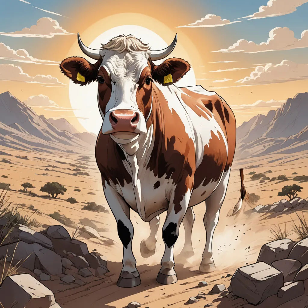 a cow standing in the desert with a sunset in the background and a mountain range in the foreground, serial art, a comic book panel, Asaf Hanuka, western comic book art