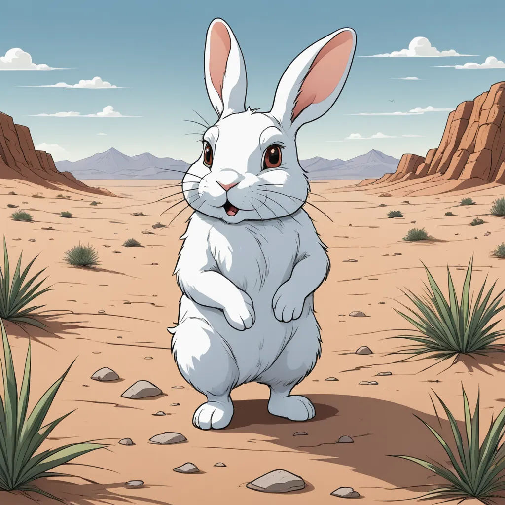 a cartoon rabbit standing in the desert with a desert background and a sky background behind it, with a few clouds, shock art, a storybook illustration, Chris LaBrooy, loony toons style
