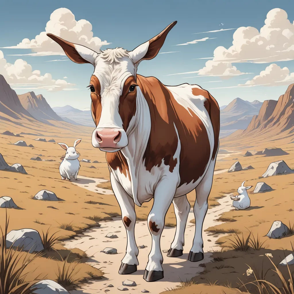 a cow standing on a dirt road in a desert area with rocks and grass in the background and a sky with clouds, fantastic realism, a storybook illustration, Chris LaBrooy, behance hd