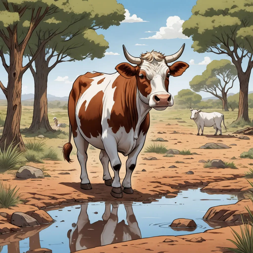 a cow standing in a field next to a puddle of water and trees with a sky background and a few clouds, environmental art, a storybook illustration, Chris LaBrooy, furaffinity