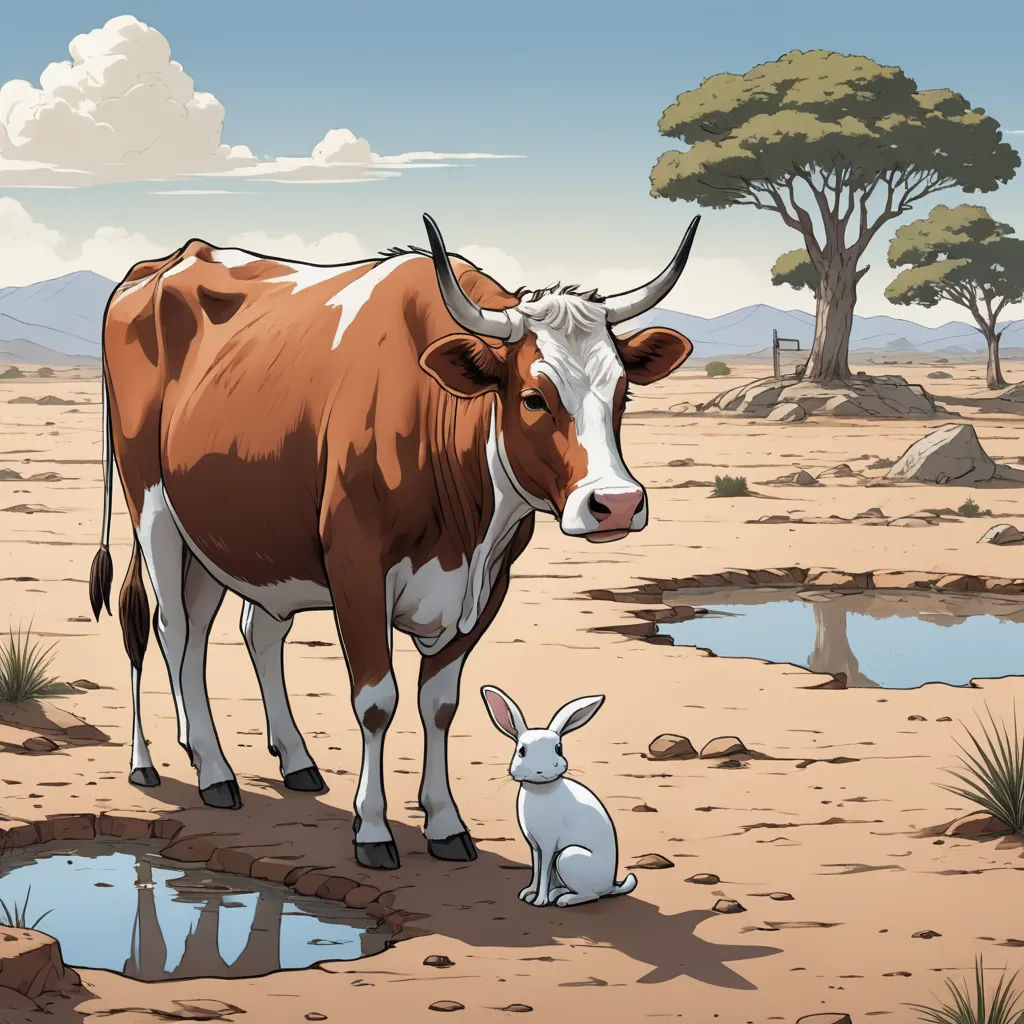 a cow and a rabbit standing in a desert area with a tree in the background and a puddle of water, context art, a storybook illustration, Chris LaBrooy, promotional image