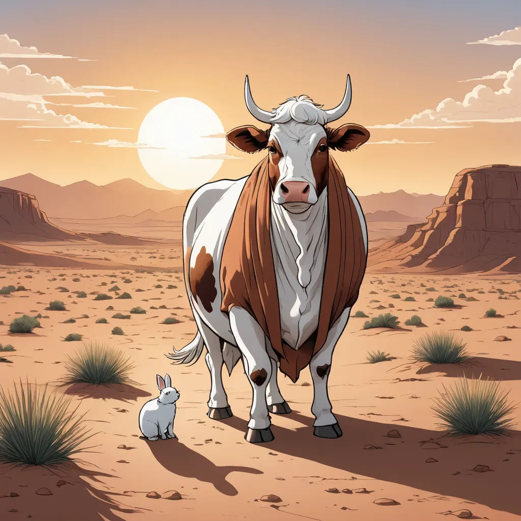 a cow and a rabbit standing in the desert at sunset with a sky background and a sun setting behind it, pop surrealism, a storybook illustration, Chris LaBrooy, western comic book art
