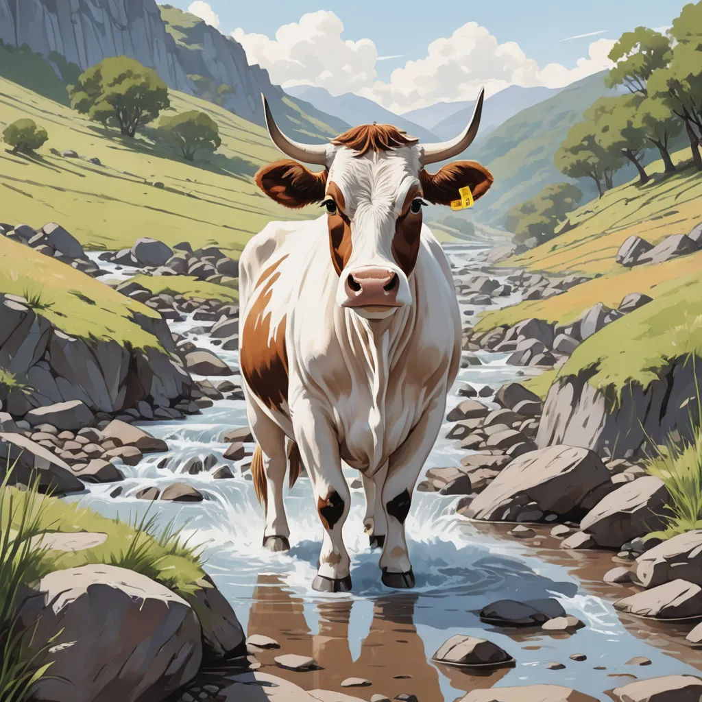 a cow is walking through a stream of water in a mountainous area with rocks and grass on either side, environmental art, an airbrush painting, Chris LaBrooy, walton ford