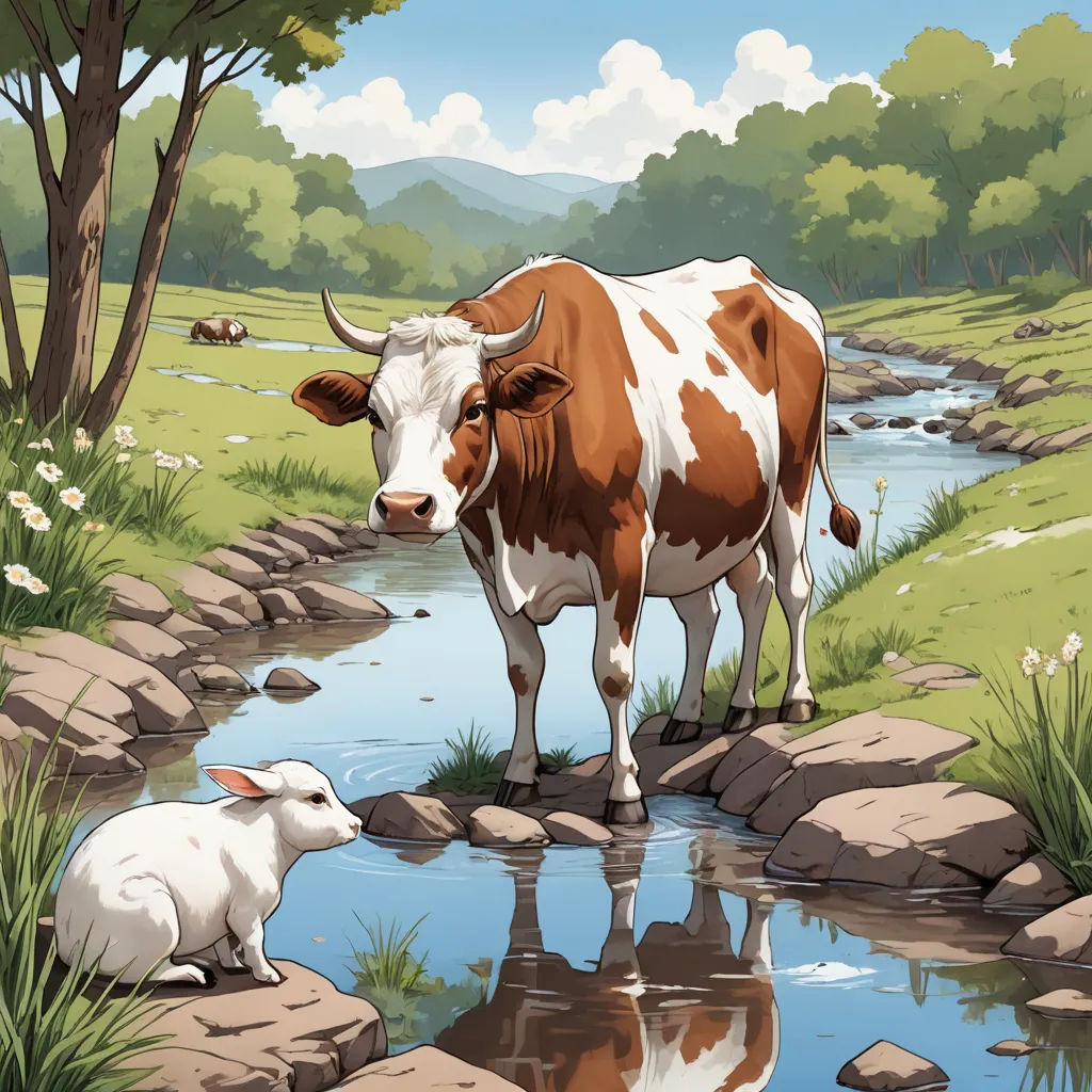 a cow and a lamb are standing in a field near a stream of water and trees, with a sky background, environmental art, a storybook illustration, Chris LaBrooy, storybook illustration