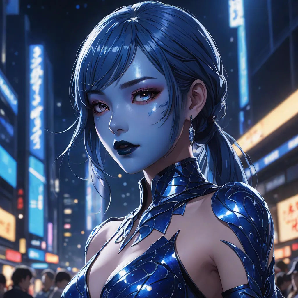 a woman in a futuristic city with blue hair and makeup, wearing a blue outfit and a black choker, fantasy art, cyberpunk art, Artgerm, rossdraws global illumination