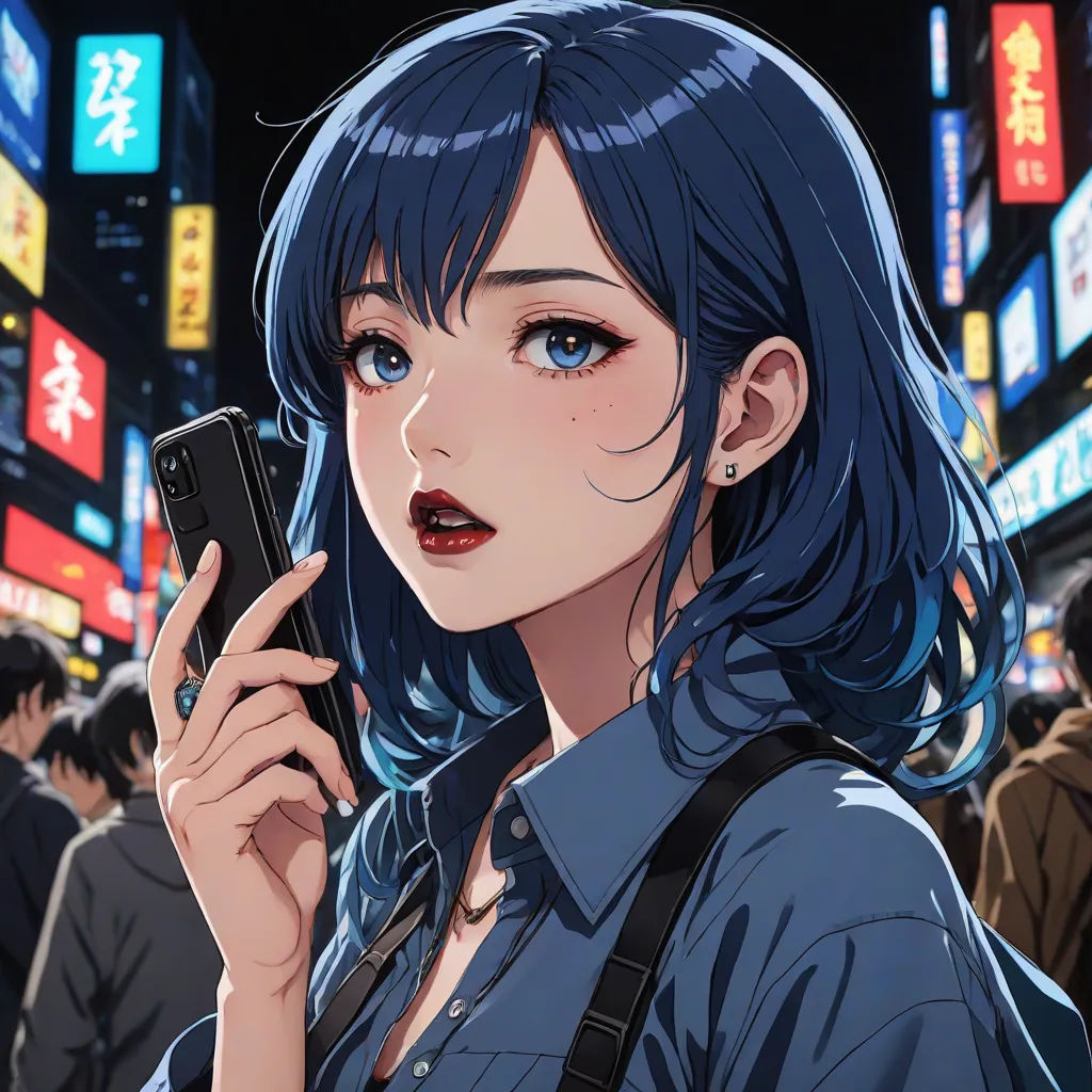 a woman holding a cell phone in a crowded city street at night with neon signs in the background and a woman with blue hair, fantasy art, cyberpunk art, Artgerm, anime art style