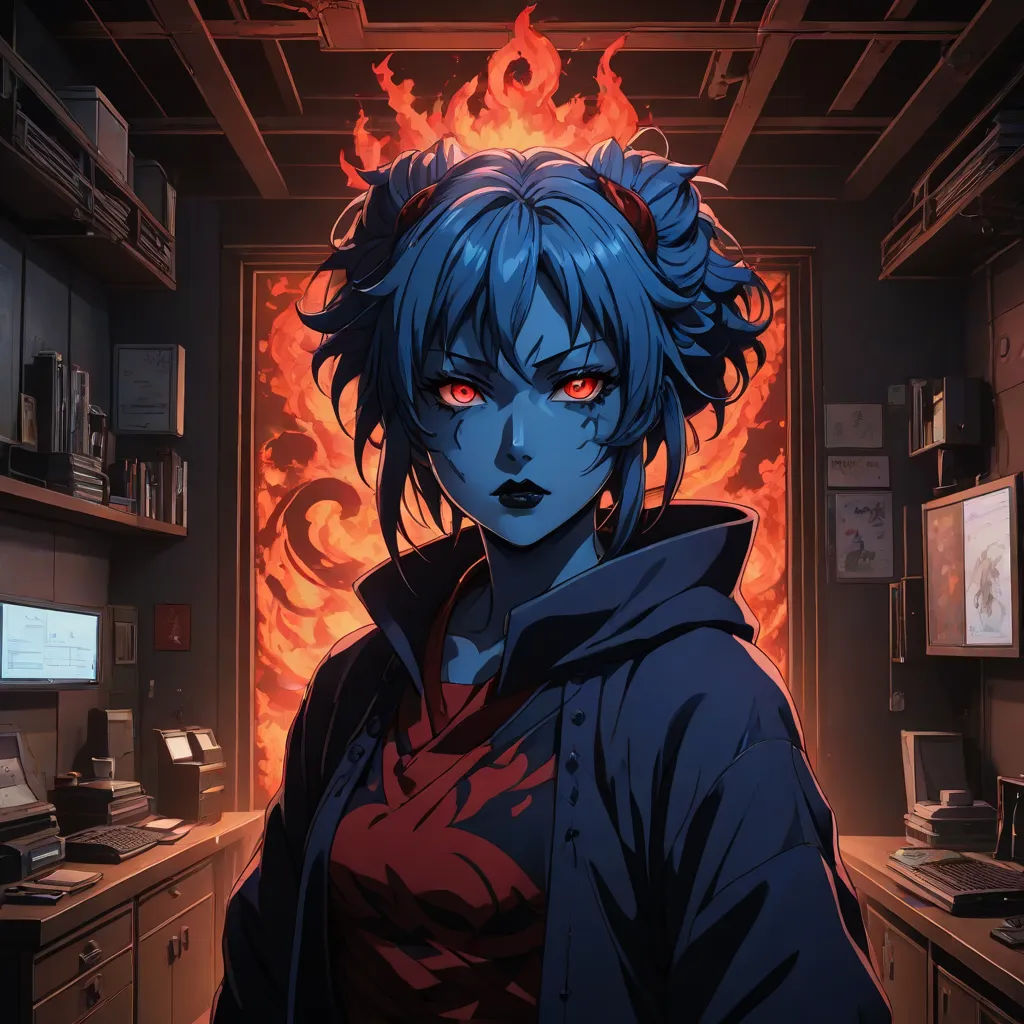 a woman with blue hair and red eyes standing in a room with a fireball in the background and a computer desk with a monitor on it, computer art, a character portrait, Aya Goda, official art