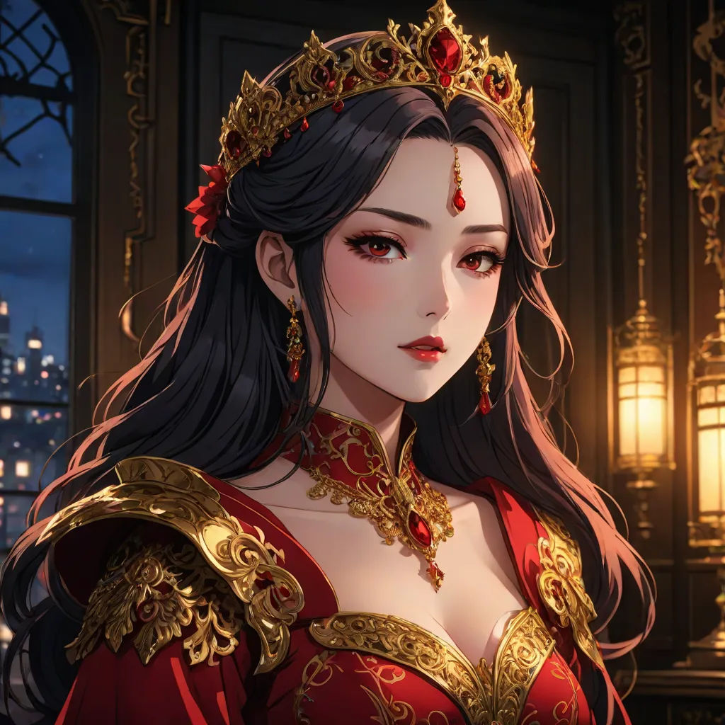 a woman in a red dress with a gold crown on her head and a red dress with gold trim, fantasy art, a character portrait, Chen Hong, fantasy character portrait