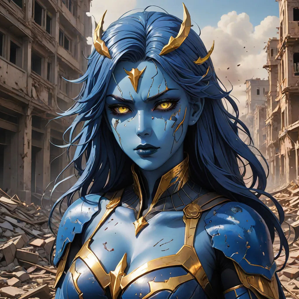 a woman in a blue costume standing in a destroyed city with a sky background and a building in the background, fantasy art, a comic book panel, Clint Cearley, magic the gathering artwork