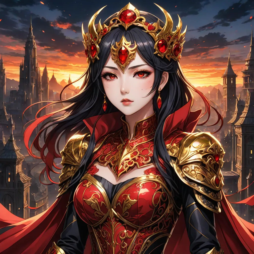 a woman in a red and gold outfit with a red cape on her head and a red cape on her shoulder, fantasy art, a detailed painting, Anne Stokes, fantasy artwork