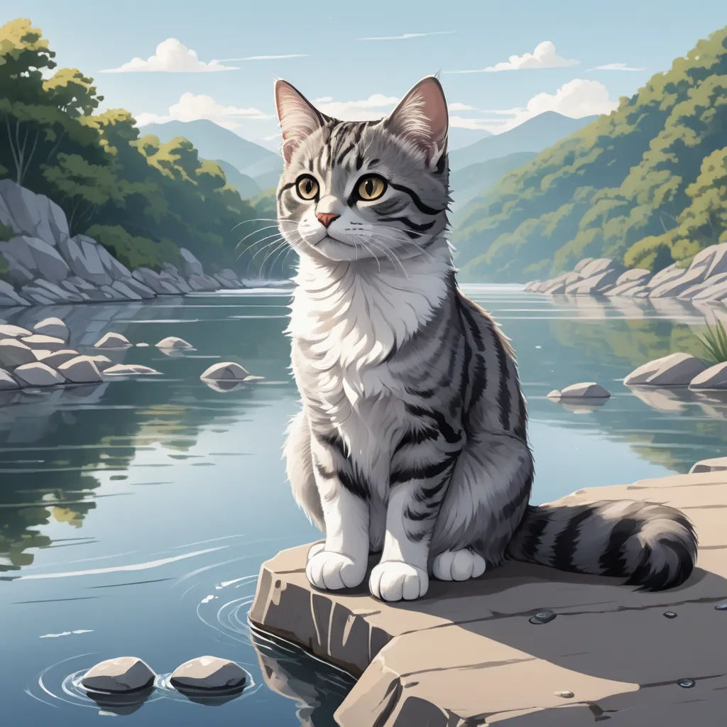 a cat sitting on a rock near a river and mountains in the background, with a reflection of the cat in the water, furry art, a storybook illustration, Dan Mumford, official art