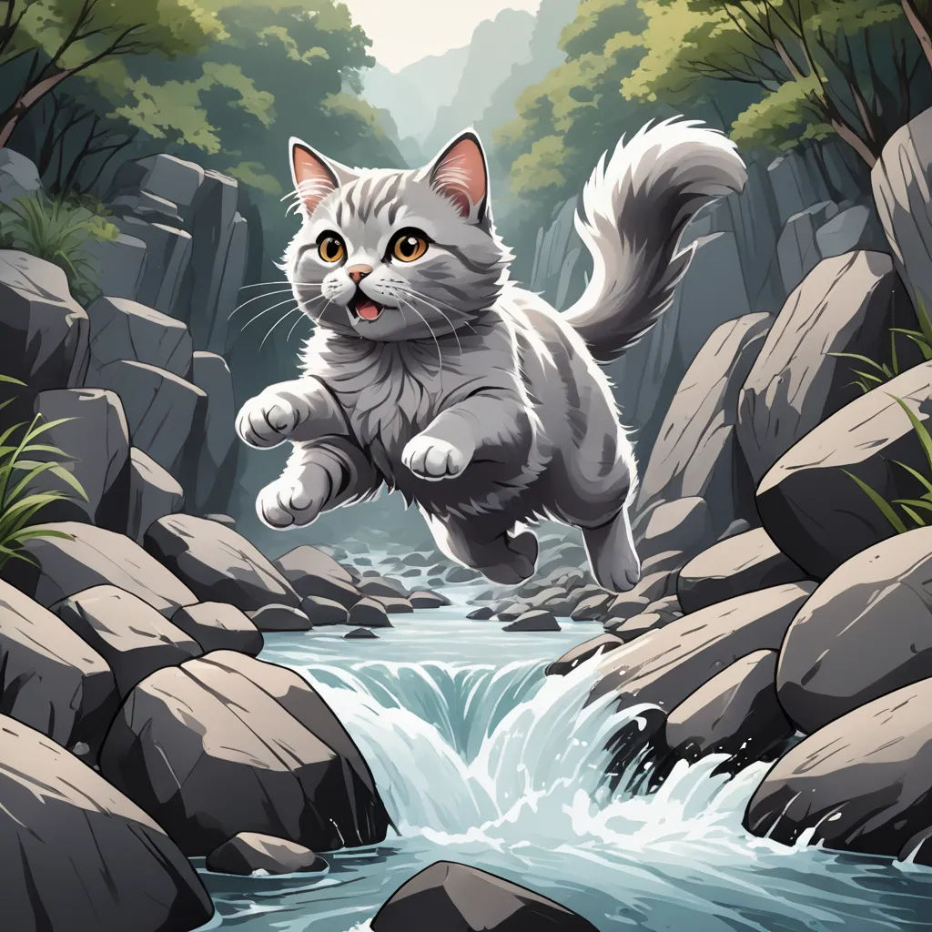 a cat is jumping over a river in a forest with rocks and grass and a stream of water in the foreground, fantasy art, a storybook illustration, Chris LaBrooy, storybook illustration