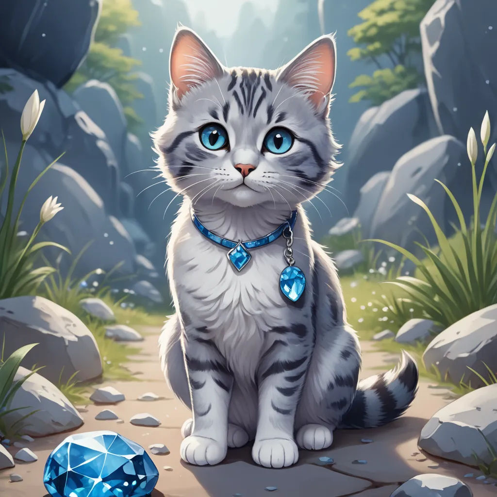 a cat sitting on a rock with a blue jewel on its collar and a diamond necklace on its neck, sots art, a character portrait, Chris LaBrooy, game art