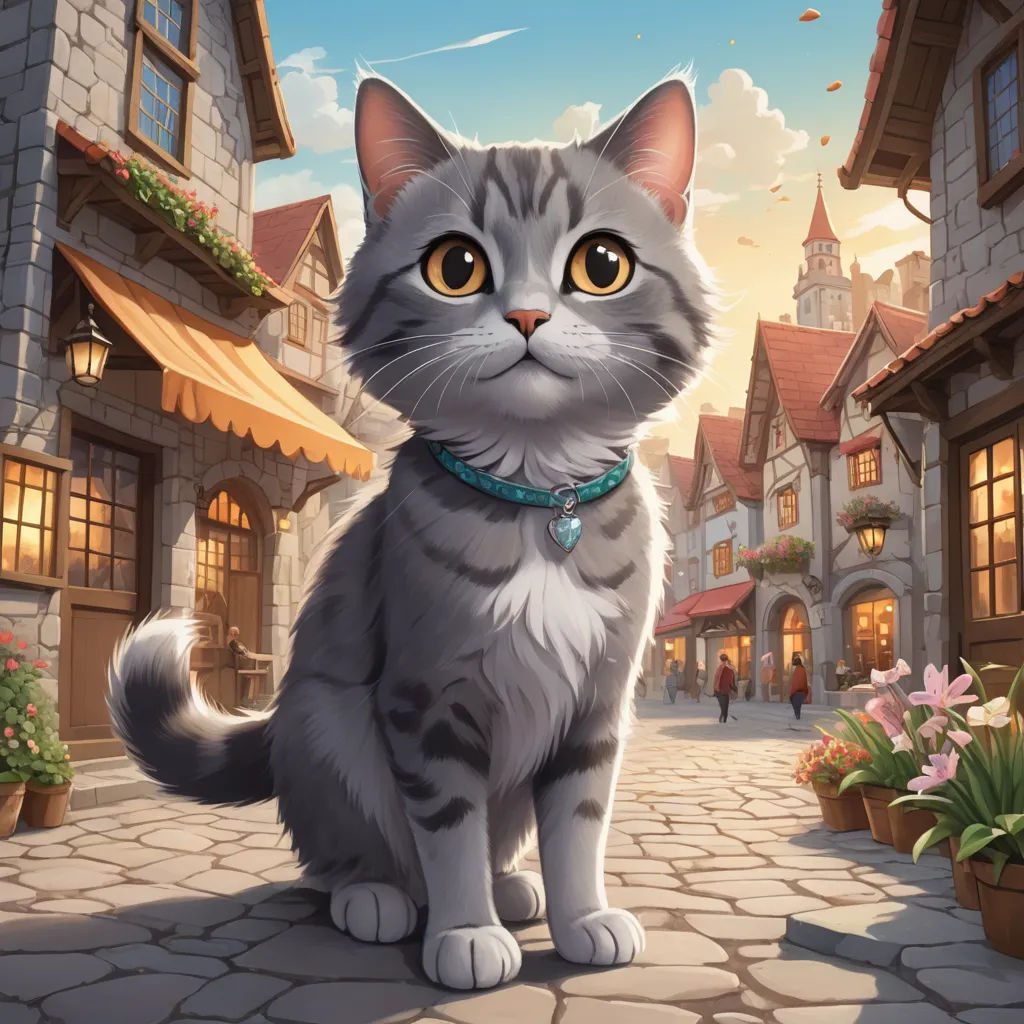 a cat is standing on a cobblestone street in front of a building with a clock tower and a sky background, sots art, a character portrait, Chris LaBrooy, key art