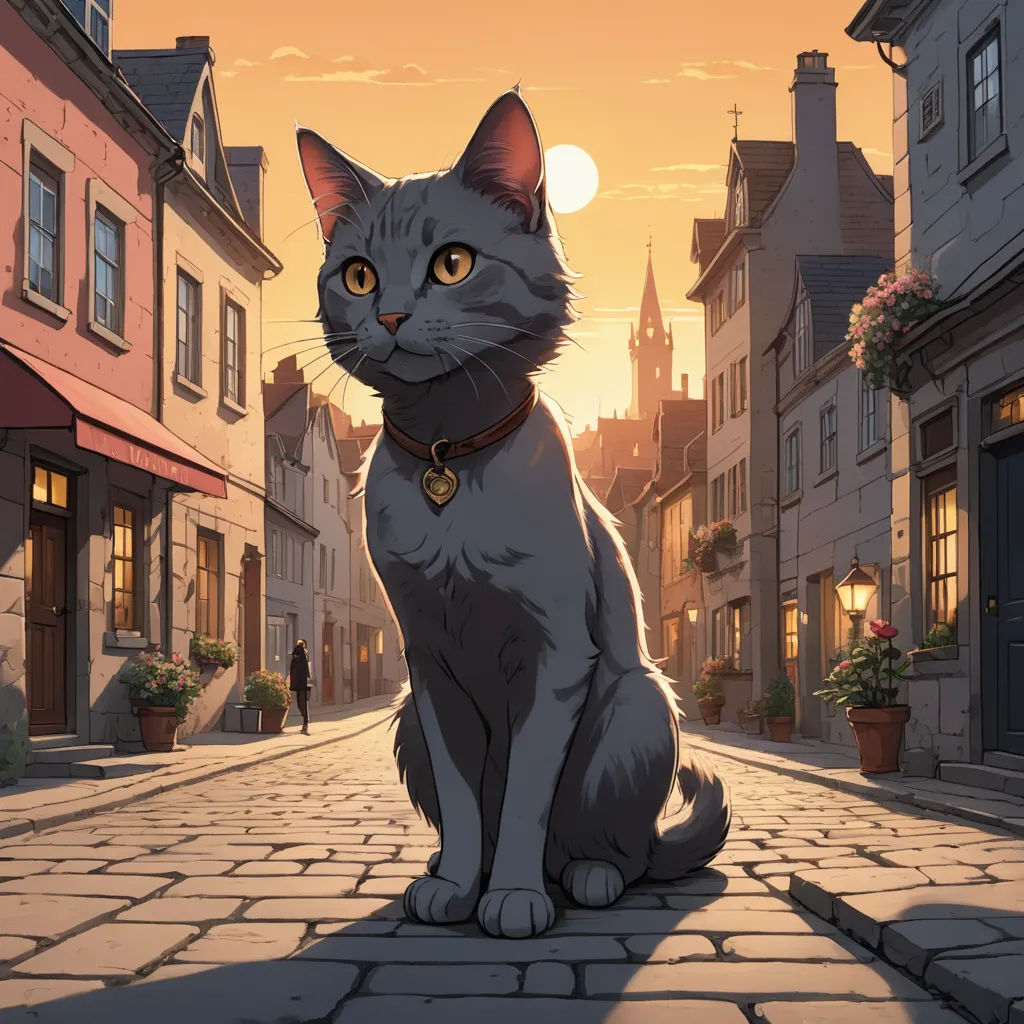 a cat sitting on a cobblestone street in a city at sunset with a person walking by it, furry art, a comic book panel, Chris LaBrooy, official art