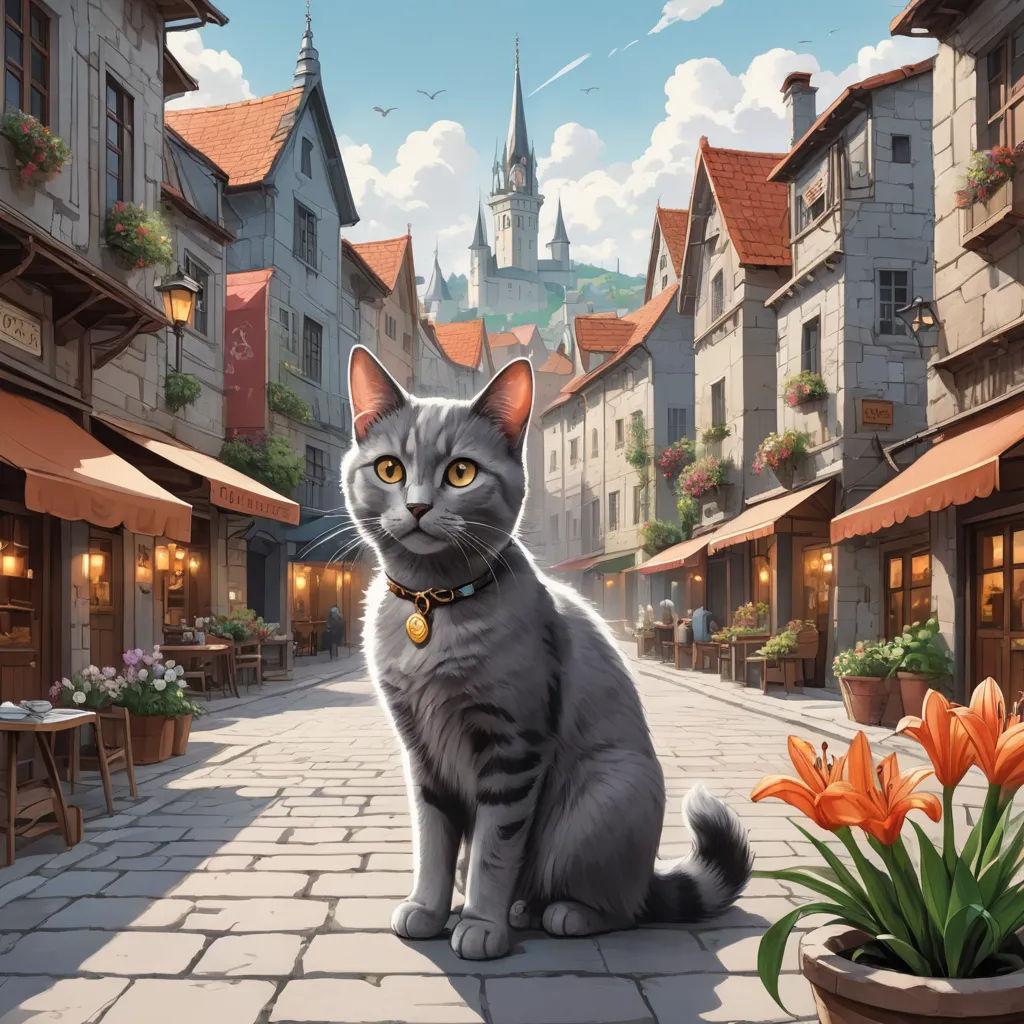 a cat sitting on a cobblestone street in a town with a castle in the background and a potted plant in the foreground, fantasy art, a storybook illustration, Chris LaBrooy, official art