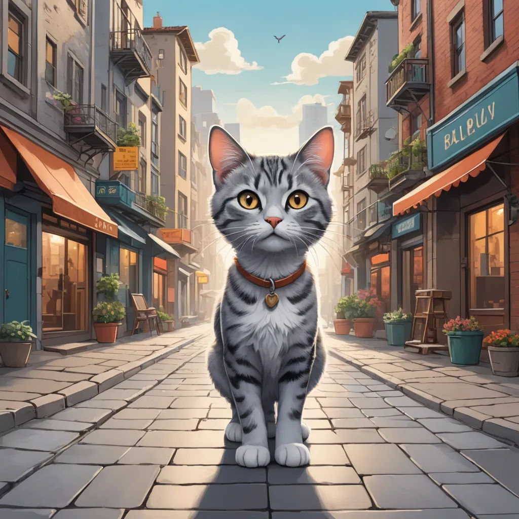 a cat is standing on a brick street in a city with buildings and shops on either side of it, sots art, a storybook illustration, Chris LaBrooy, game art