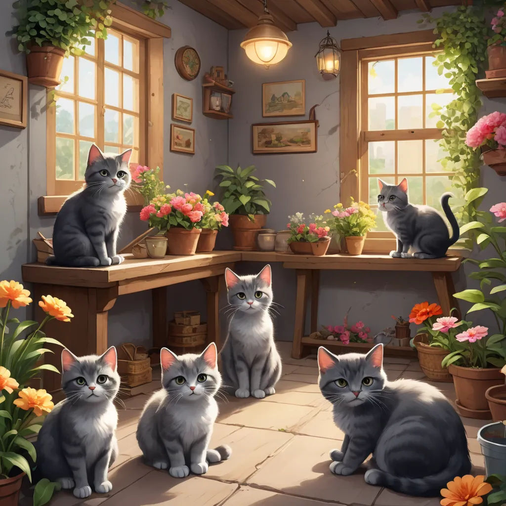 a painting of a group of cats sitting on a table in a room with potted plants and flowers, fantasy art, a detailed painting, Brothers Hildebrandt, kinkade