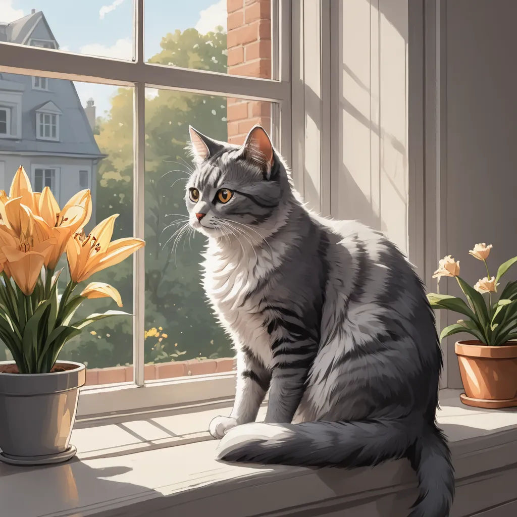 a cat sitting on a window sill next to a potted plant and a flower potted in front of a window, plein air, a storybook illustration, Evgeny Lushpin, trending on art station
