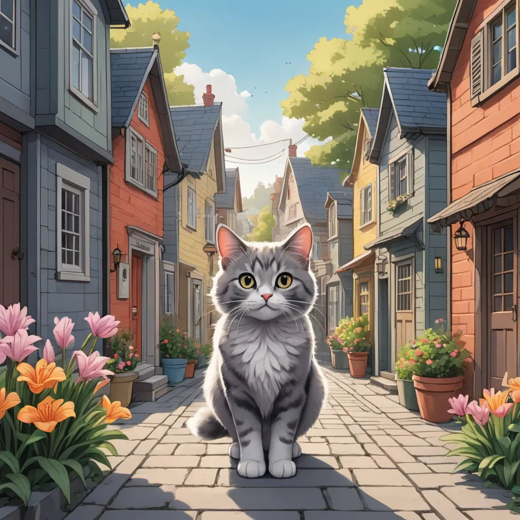 a cat sitting on a brick walkway in a town with flowers and buildings in the background, with a cat looking at the camera, sots art, a storybook illustration, Chris LaBrooy, key art