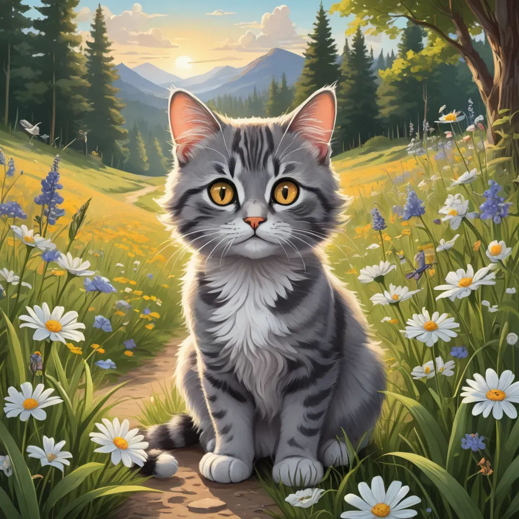 a cat sitting in a field of flowers with a mountain in the background and a forest in the foreground, sots art, computer graphics, Chris LaBrooy, game art