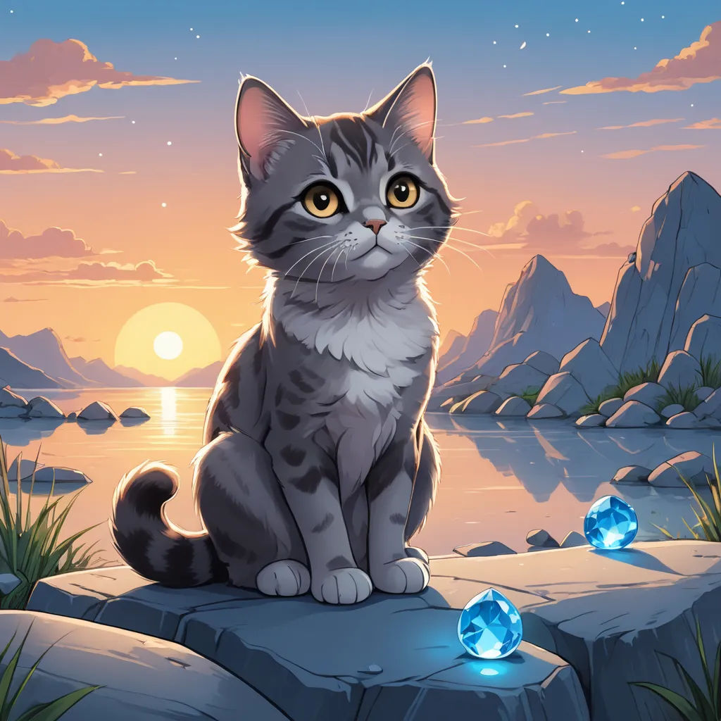 a cat sitting on a rock near a lake with blue crystals in it's paws and a sunset in the background, sots art, a character portrait, Chris LaBrooy, game art