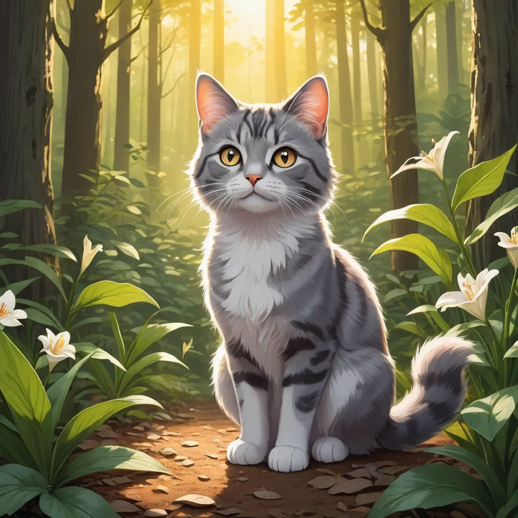 a cat sitting in the middle of a forest with flowers around it and a sun shining through the trees, sots art, a character portrait, Chris LaBrooy, official art