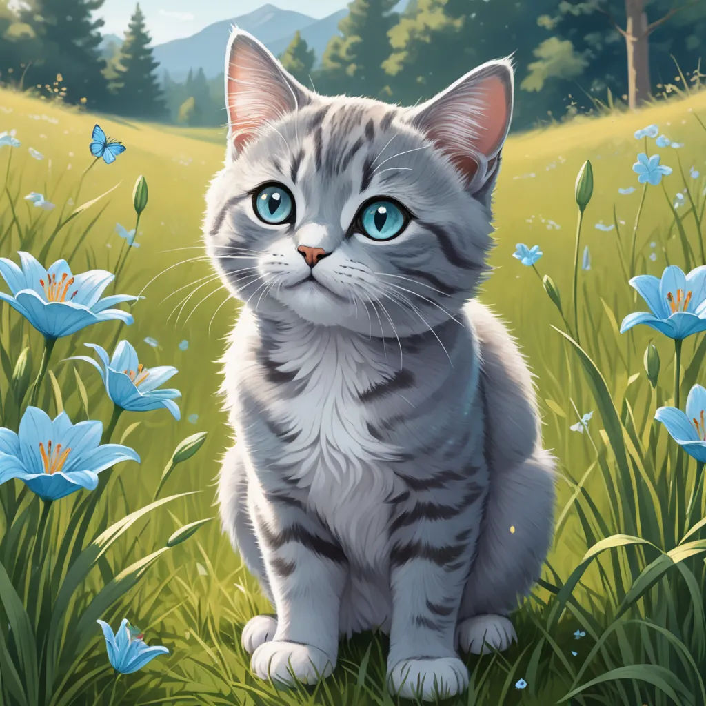 a painting of a cat sitting in a field of flowers with a blue eyed cat in the background of the painting, sots art, a character portrait, Chris LaBrooy, official art