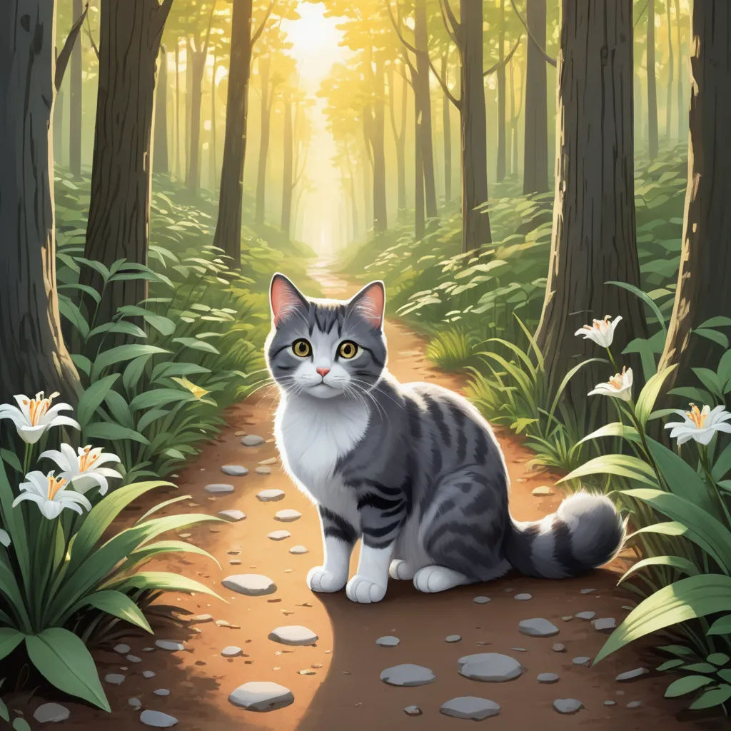 a cat sitting on a path in a forest with flowers and trees around it, looking at the camera, sots art, a storybook illustration, Dan Mumford, official art