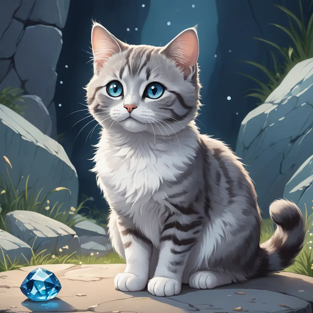 a cat sitting on a rock next to a blue ball of water and rocks with a sky background and stars, sots art, a character portrait, Artgerm, game art