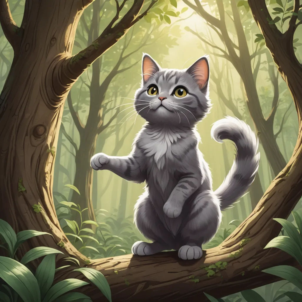 a cat sitting on a tree branch in a forest with sunlight coming through the trees and leaves around it, fantasy art, a storybook illustration, Chris Rallis, magic the gathering artwork