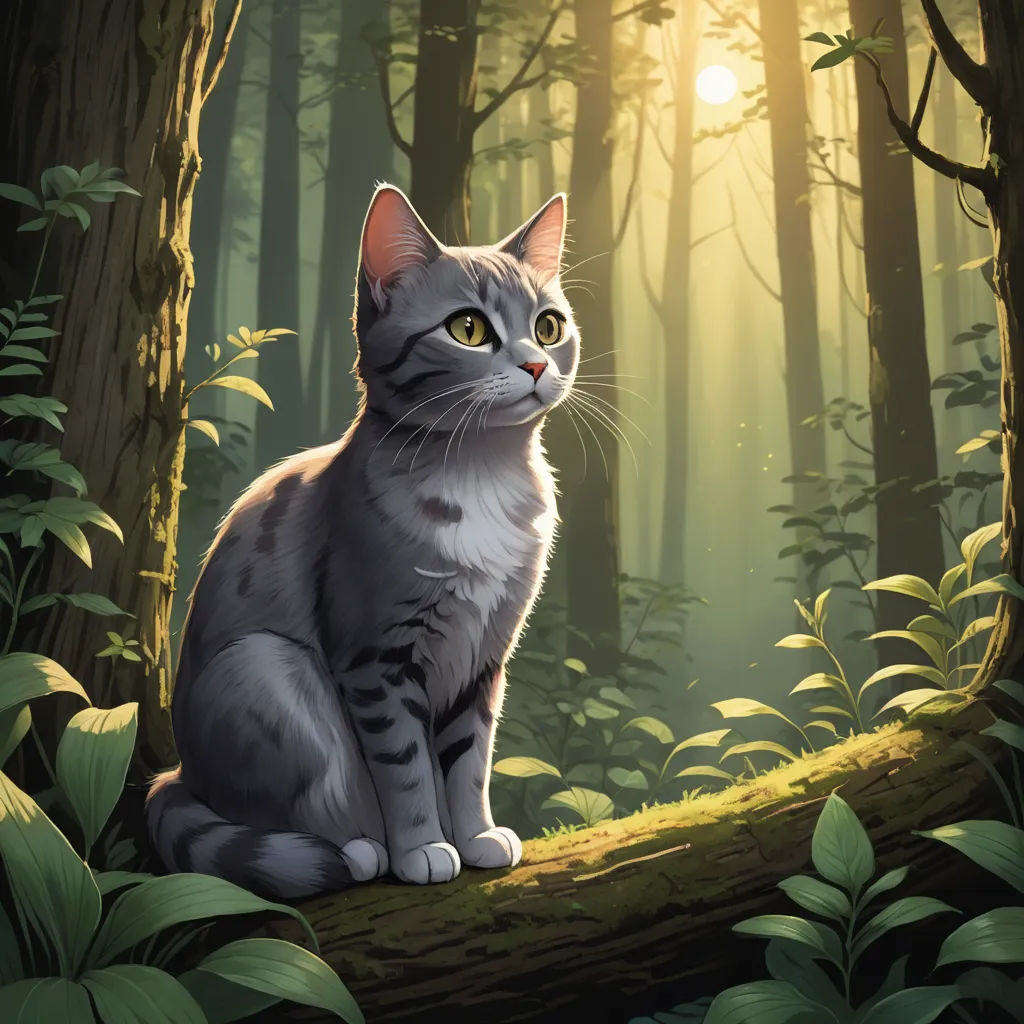 a cat sitting on a log in a forest with sunlight shining through the trees and leaves on the ground, sots art, a storybook illustration, Dan Mumford, official art