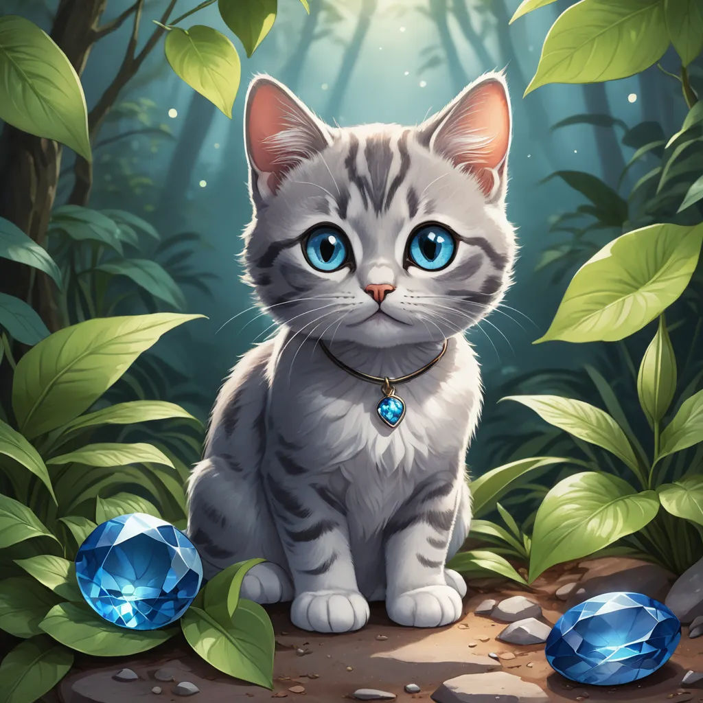 a cat with blue eyes sitting on a rock in the forest with jewels and leaves around it, surrounded by greenery, sots art, a character portrait, Chris Rallis, game art