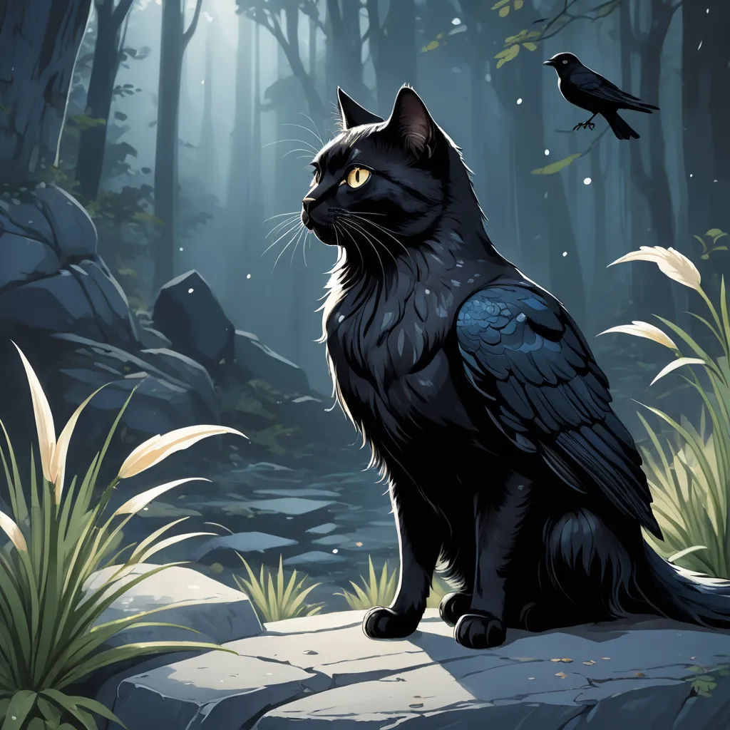a black cat sitting on a rock in a forest with a bird flying overhead in the background of the picture, fantasy art, a storybook illustration, Brom, game art