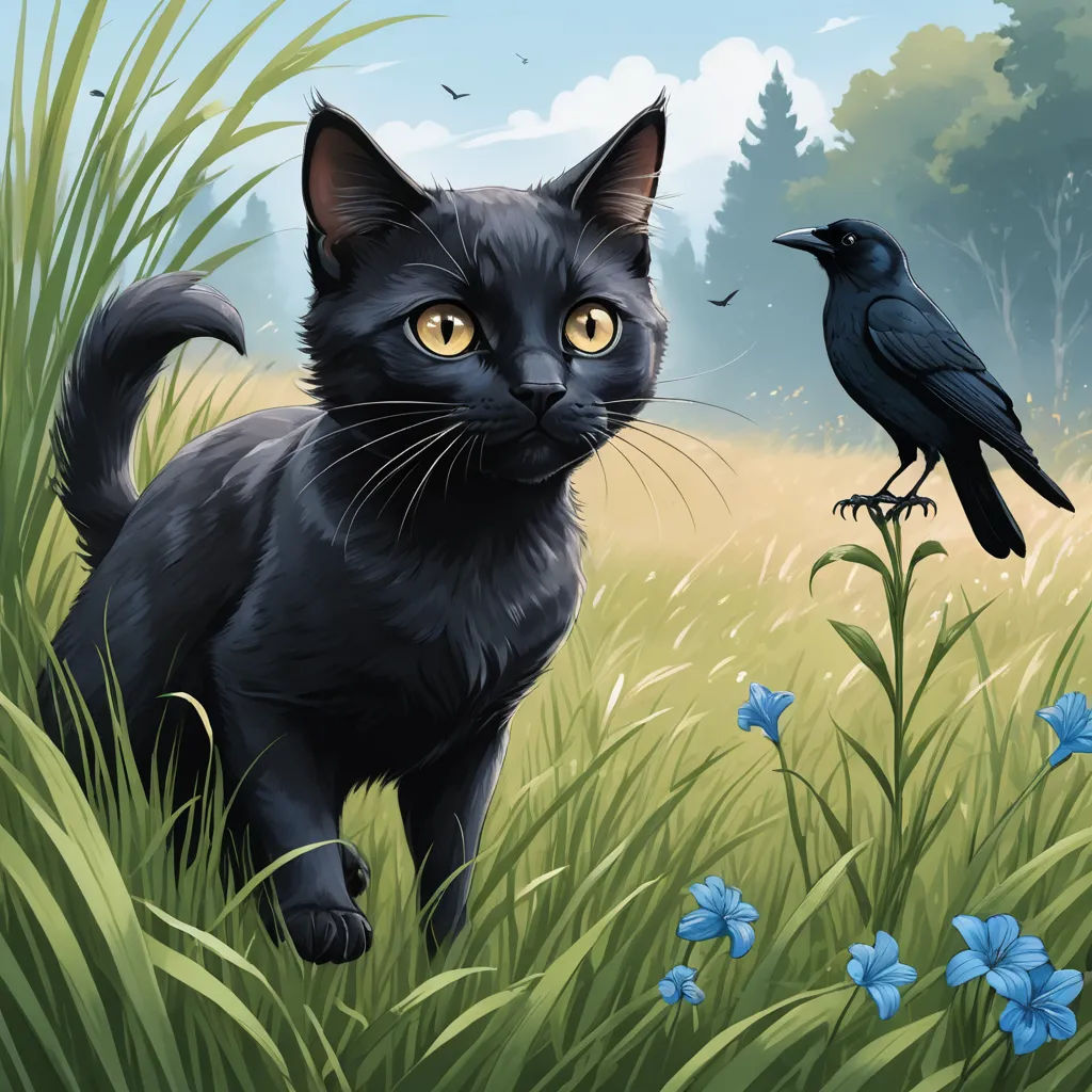 a black cat standing in a field next to a bird on a branch with blue flowers and grass in the background, fantasy art, a storybook illustration, Andrea Kowch, game art