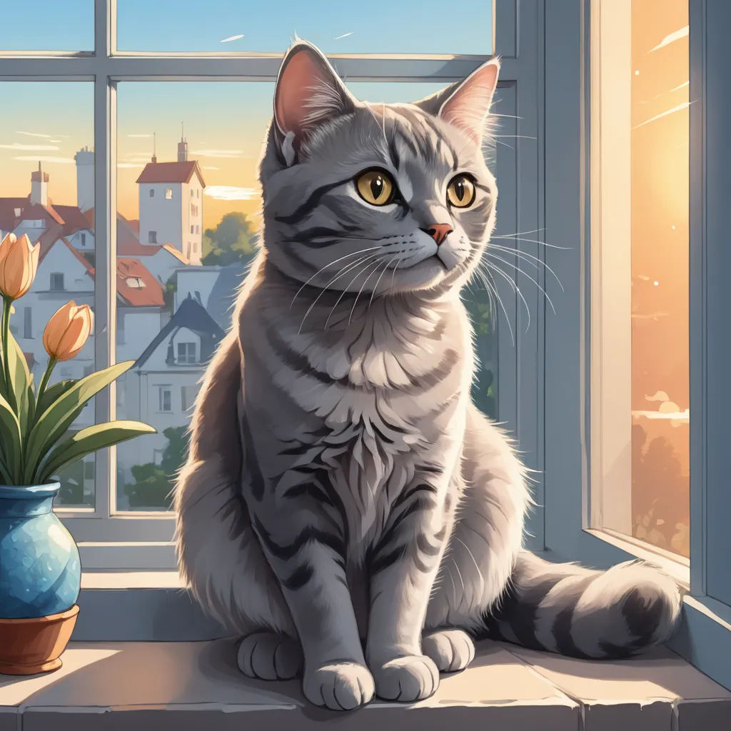 a cat sitting on a window sill next to a potted plant and a vase of flowers on a windowsill, sots art, a storybook illustration, Evgeny Lushpin, trending on art station