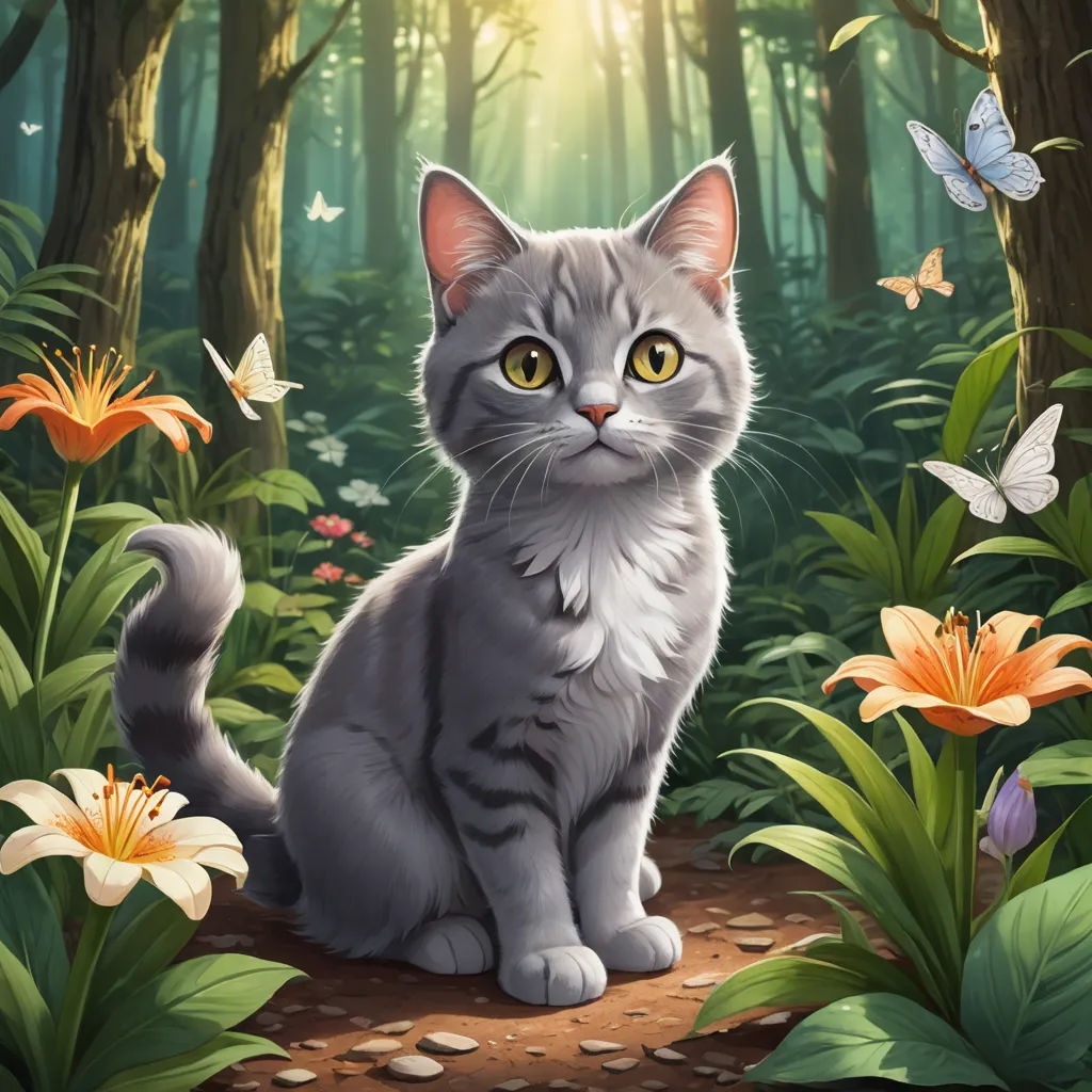 a cat sitting in the middle of a forest with butterflies flying around it and a butterfly on the ground, sots art, a storybook illustration, Chris LaBrooy, official art