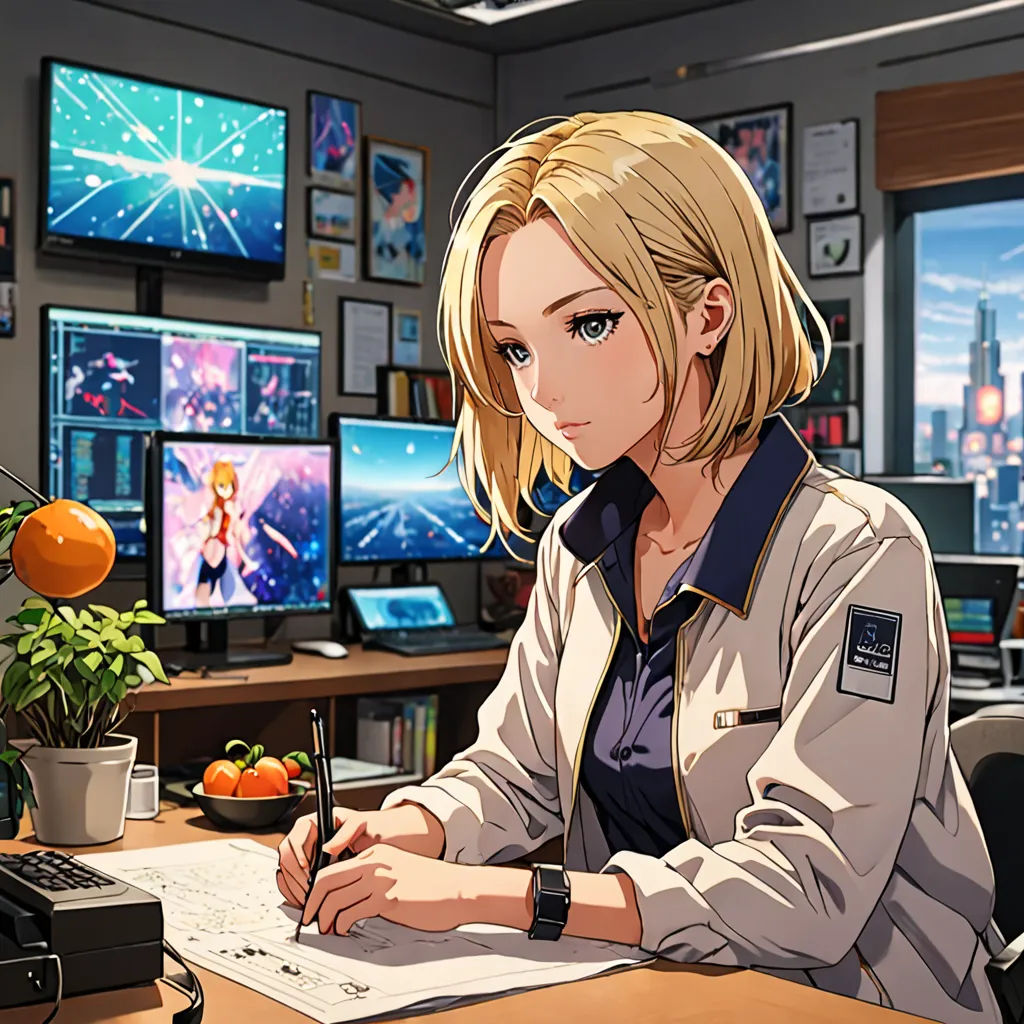 a woman sitting at a desk with a pen and paper in front of her and a computer monitor and a keyboard, sots art, cyberpunk art, Chizuko Yoshida, official art