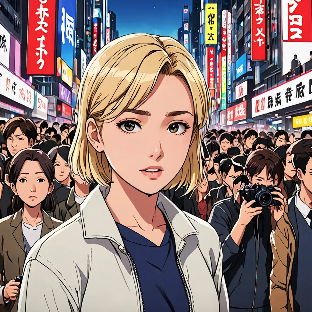 a woman standing in front of a crowd of people in a city with signs above her and a camera, serial art, a comic book panel, Artgerm, anime key visual