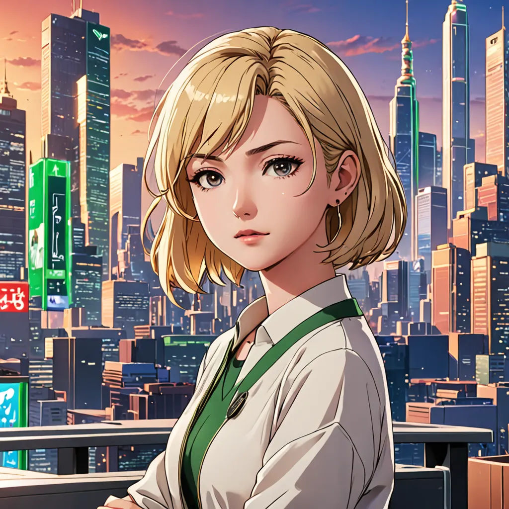 a woman standing in front of a city skyline with a cityscape in the background and a skyscraper in the foreground, sots art, a character portrait, Artgerm, city background