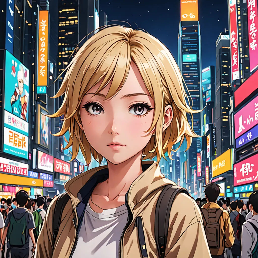a woman standing in a crowded city at night with a backpack on her shoulder and a cityscape in the background, context art, a character portrait, Ai-Mitsu, rossdraws global illumination