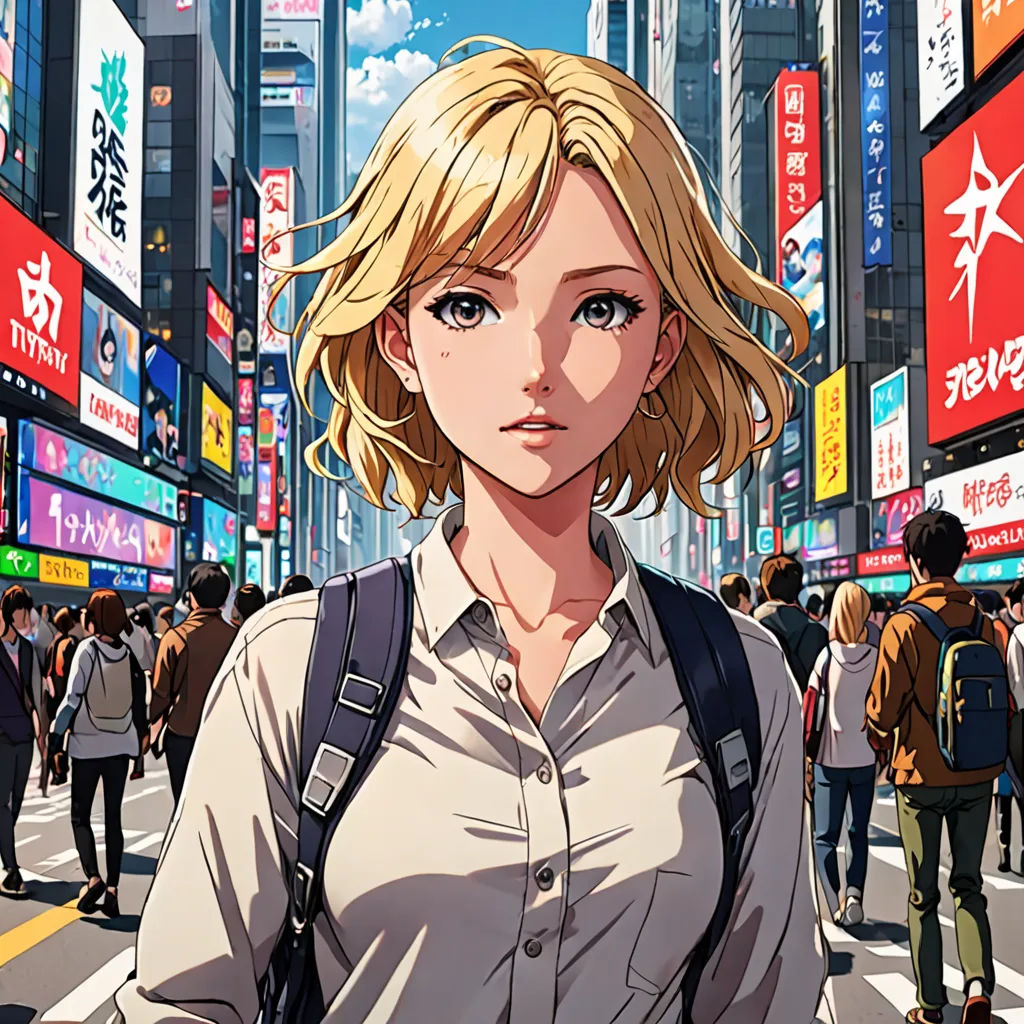 a woman standing in the middle of a busy city street with a backpack on her shoulder and a lot of people walking around, photorealism, a comic book panel, Aya Goda, official art